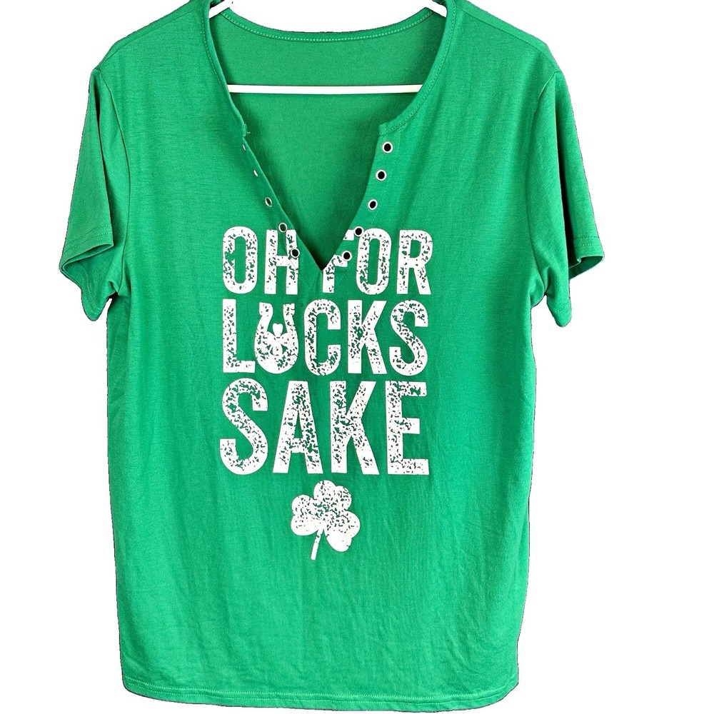 Mens Green "OH FOR LUCKS SAKE" Shamrock Graphic V-Neck Short Sleeve Tee M